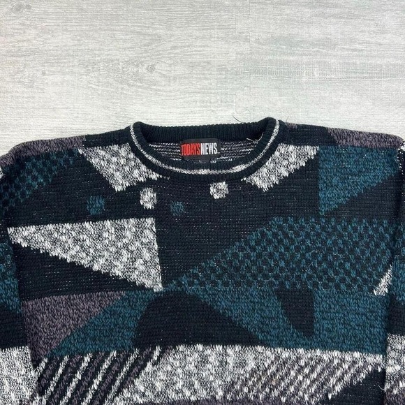 Vintage Todays News Sweater Adult Large Blue Geometric Chunky Knit Grandpa - Picture 2 of 5